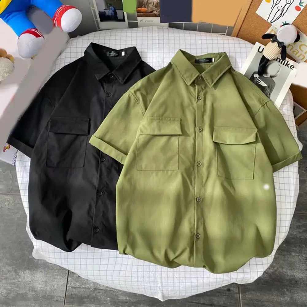 Male Cargo Shirt Lapel Half Sleeve Flap Pockets Casual Shirt Single Breasted Men Shirt Streetwear Summer Casual Top Men Clothing