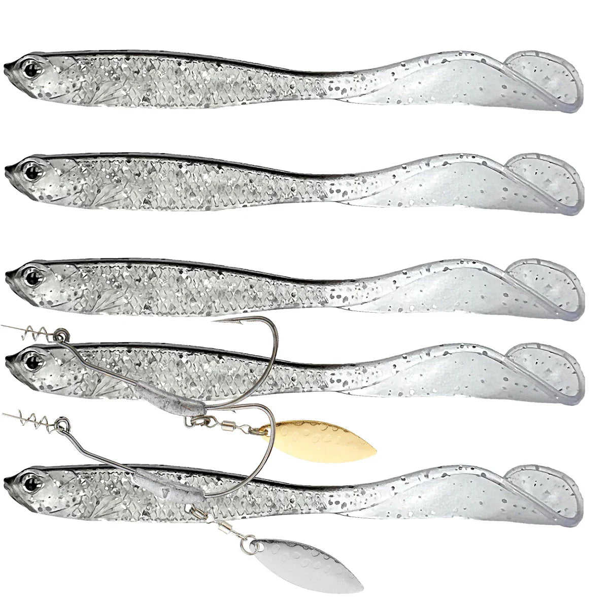 5Pcs lues 2pcs hooks Vigour Perch Fishing Lure  Soft Bait Shad UV-Active Wobble Craft Rubber Fish Swimbait For Perch,Pike,Zander