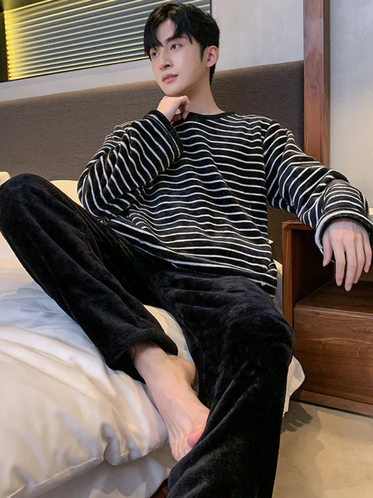 Winter Men Thicken Warm Flannel Pajama Set Male Long Sleeved Men'S Winter Stripe Leisure Homewear Cloth Loose Men Sleepwear Set