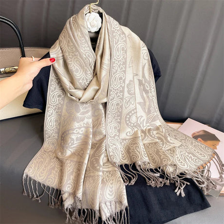 Luxury Pashmina Silk Scarf Shawl Wrap Paisley Jacquard Flowers Borders  Layers Reversible Classic Tassels For Women 70X190cm