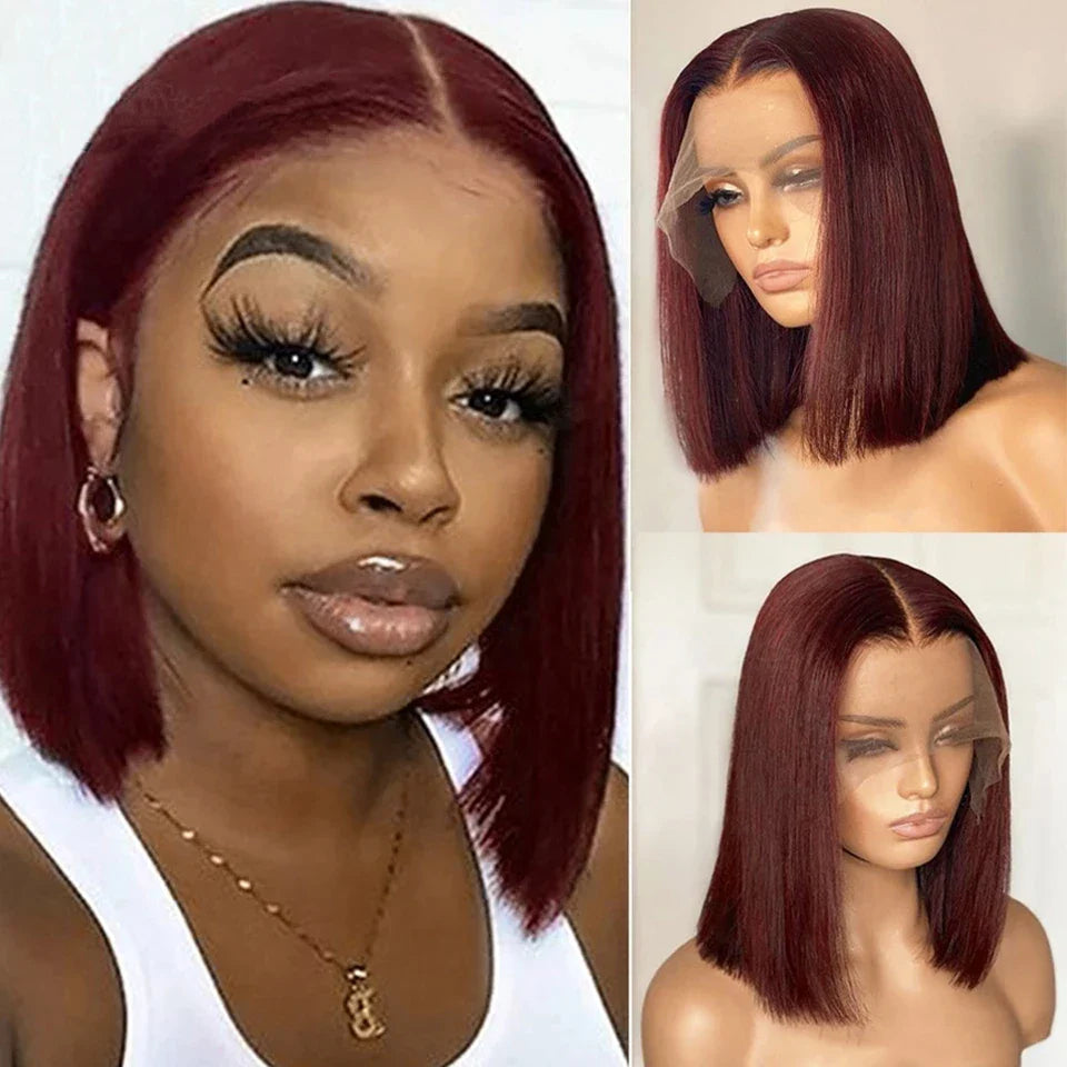 Wear Go Glueless Wig 99J Burgundy Short Bob Wig 13X4 Lace Front Wigs For Black Women Brazilian Human Hair Red Highlighted Color