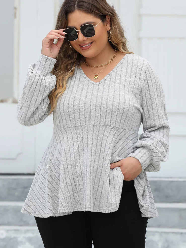 GIBSIE Plus Size Long Sleeve Tops for Women Spring Fall V Neck Peplum Tee Shirt Female Casual Ribbed Knit T-Shirts Clothes 2023