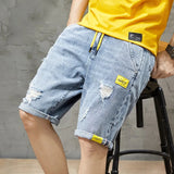 Summer 2022 Light Blue Ripped Cat Whisker Patch Letter Print Slim Denim Shorts Teenagers Jeans Boys and Girls Cowboy Short Pants