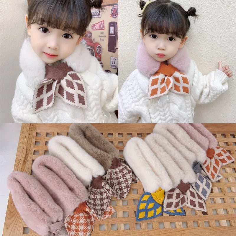 New Soft Plush Baby Girl Scarf Winter Cute Plaid Thick Warm Faux Fur Girls Scarves Bows Neck Warmer Neckerchief Children Kid