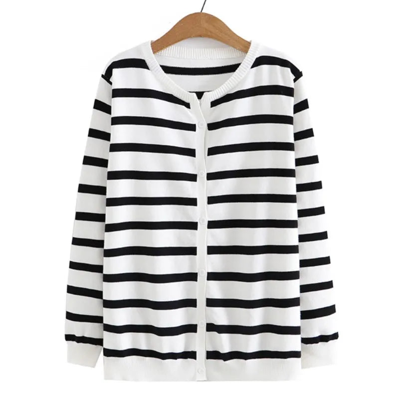 3XL Plus Size Cardigan For Women Clothing Pure And Fresh Stripe Jumpers V-Neck Design Knitted Sweater Autumn