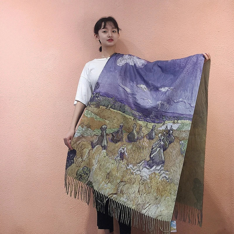 Van Gogh's Oil Painting Cashmere Scarf Women Winter Coffee House Print Wool Shawls and Wraps Ladies Cape Blanket Scarves New