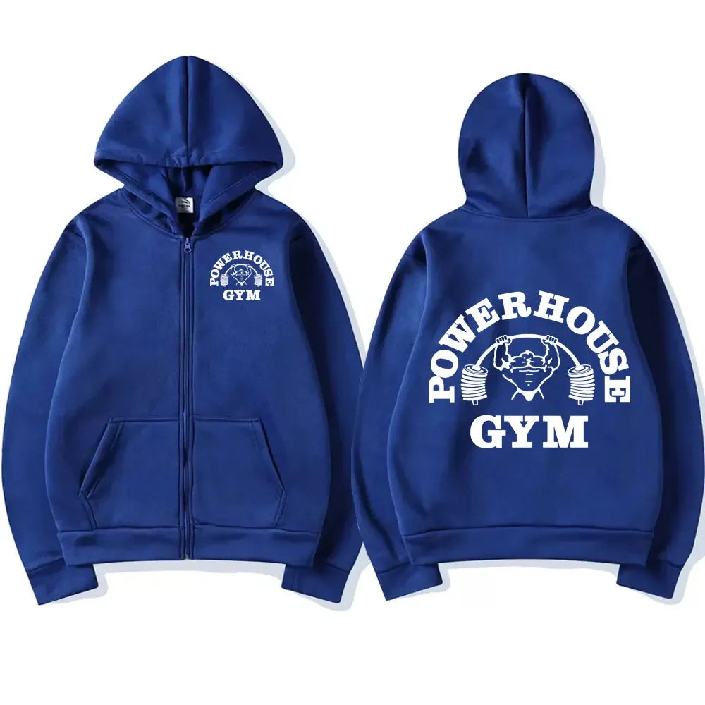 Powerhouse Gym Logo Zip Up Hoodie Harajuku Men's Geek Fitness Cardigan Loose Long Sleeve Punk Sports Sweatshirt Streetwear Male