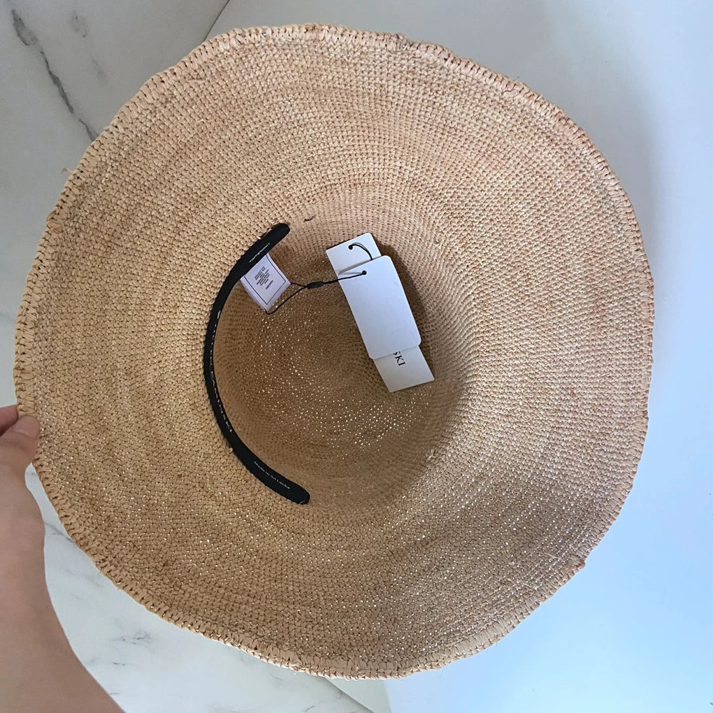 Female Natural Lafite Grass Boater Fresh Classical Brand Straw Woven Fisherman Hat Summer Outing Sunscreen Raffia Bucket Hat