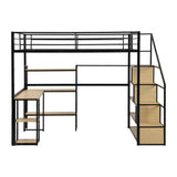 Full Size Metal Loft bed with Staircase, Built-in Desk and Shelves，Bedroom practical single bed for children, bunk bed for teen