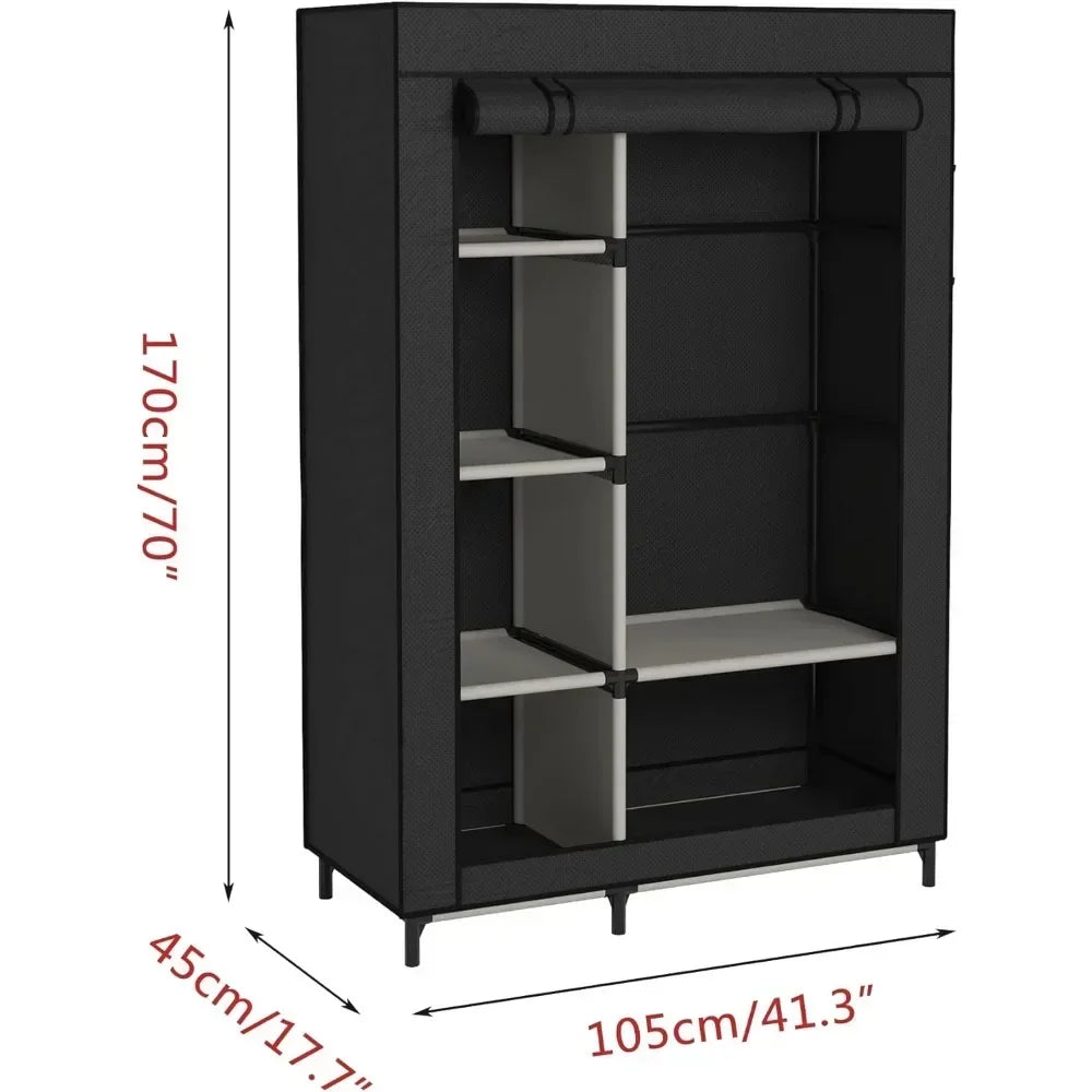 Canvas Wardrobe Portable Closet Wardrobe Clothes Storage with 6 Shelves and Hanging Rail,Non-Woven Fabric