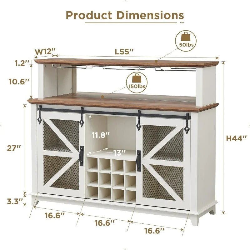 OKD Farmhouse Coffee Bar Cabinet with LED Lights, 55" Sideboard Buffet Table W/Sliding Barn Door & Wine and Glass Rack