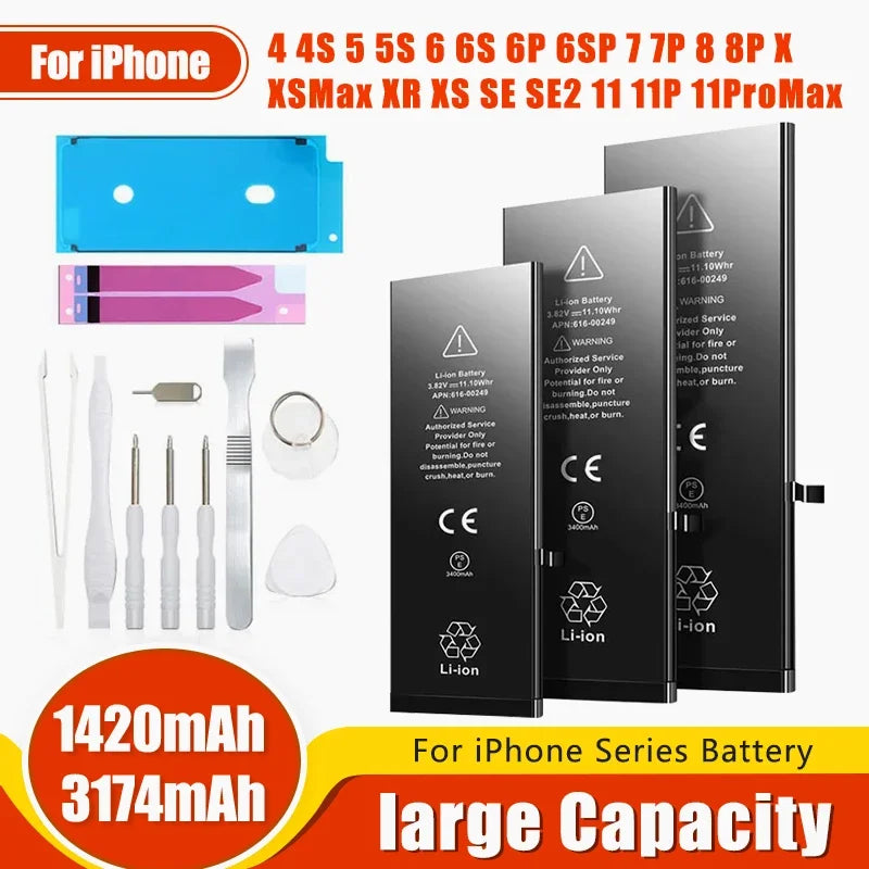 High Capacity Battery For iPhone 4 4S 5 5S 5C SE 2020 6 6S 7 8 SE2 Plus X XR XS 11 Pro Max Mobile Phone Pack New 0 Cycle Seal