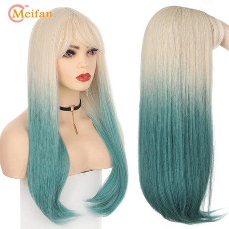 MEIFAN Synthetic Long Straight Lolita Wig with Bangs Wig Girl Cute Mixed Black Red Blonde Cosplay Party Halloween Harajuku Wig