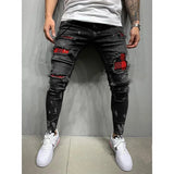 Men Jeans Knee Hole Ripped Stretch Skinny Denim Pants Solid Splice Color Blue Autumn Summer Hip-Hop Style Slim Fit Trousers 2023