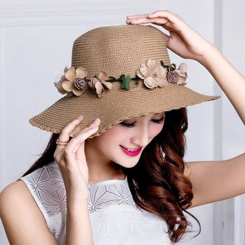 Wreath Straw Hats Summer Sun Hat Ladies Elegant Hat Female Vintage Hats Straw Beach Hats Flower String Woman Hat