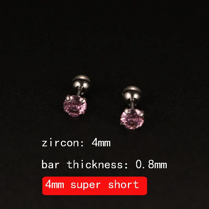 2PCS 4mm Short Ear Studs Earring Outside Upper Helix Earrings Titanium Steel CZ Crystal 3mm 4mm 5mm Mix Colors 0.8mm 20G Screw