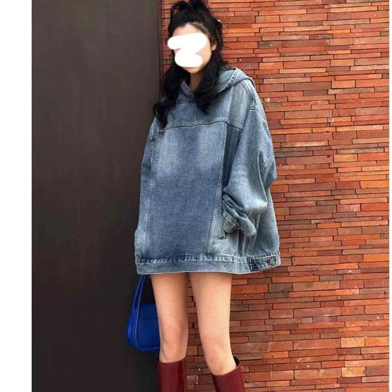 Spring Autumn Women Jacket Vintage Denim Hoodie Sweatshirts Long Sleeve Harajuku Y2k Pullover Denim Streetwear Hip Hop Outerwear