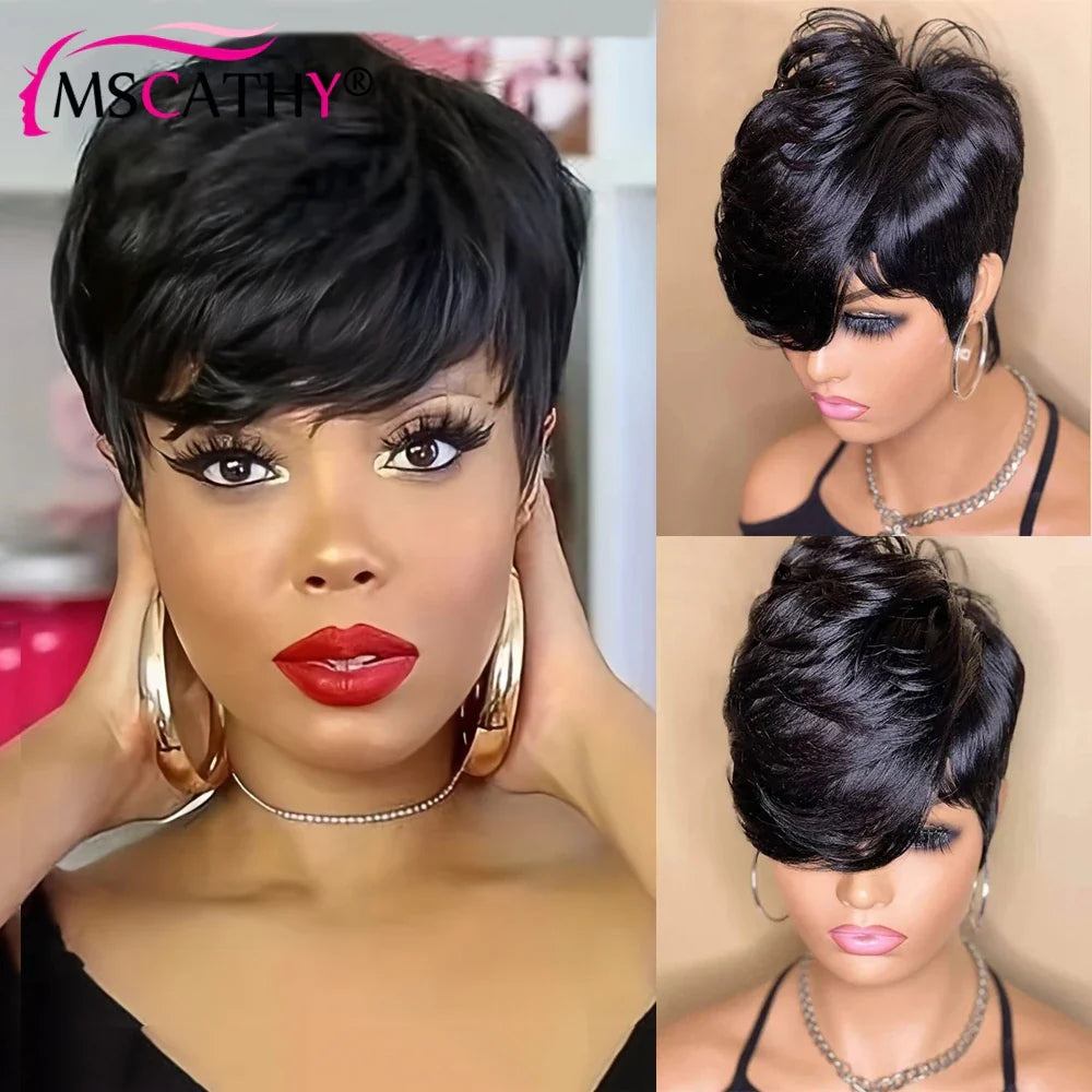 Short Pixie Cut Remy Human Hair Wigs Ready To Wear Glueless Straight Natural Color Full Machine Made Bob Wig With Bangs