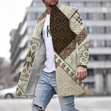 Men Woolen Coat Jacket Fashion Striped Geometric Print Young Mens Clothes Autumn Winter Single Breasted Pocket Overcoat Outwear