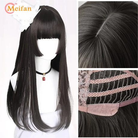 MEIFAN Synthetic Long Straight Lolita Wig with Bangs Wig Girl Cute Mixed Black Red Blonde Cosplay Party Halloween Harajuku Wig