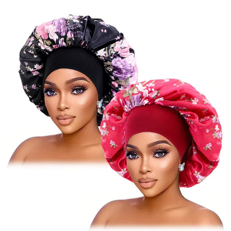 2PCS/LOT Large Satin Printed Wide-Brimmed Nightcap Elastic Head With Round Hat Women Multicolor Fashion Beauty And Hair Care Cap