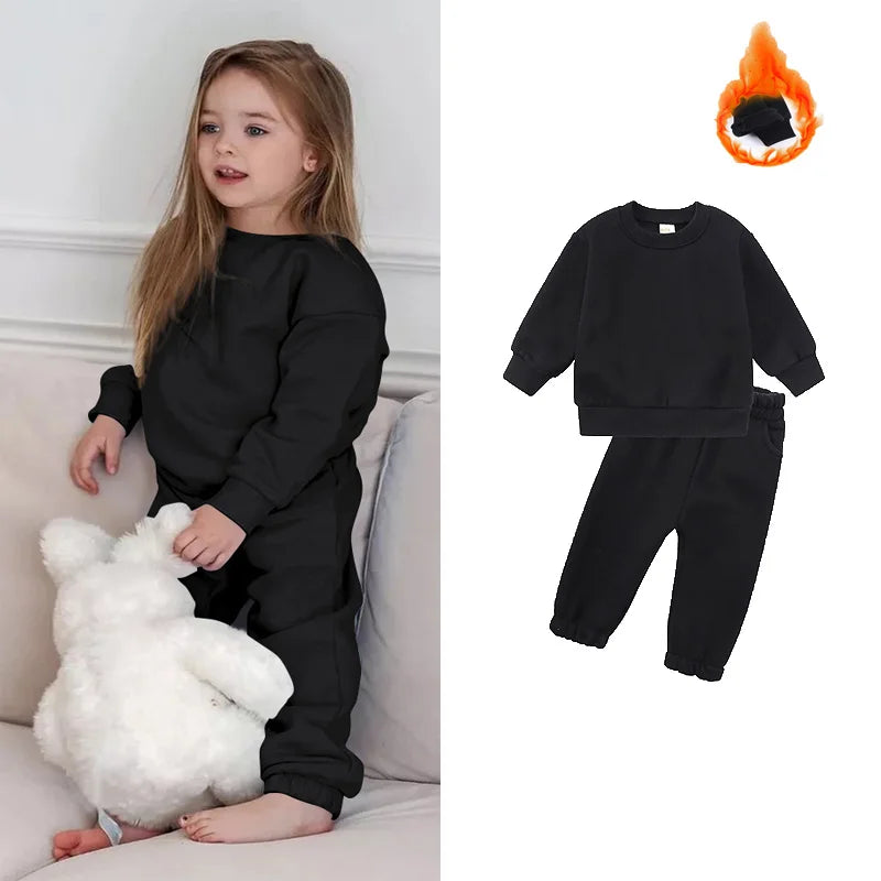 2023 New Arrivals Little Girls Clothing Tracksuit 2 Pieces Set Warm Fleece Plain Top Sweatshirt+Pants Loungewear Suit For Kids