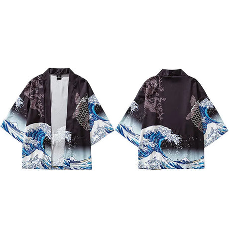 2023 Harajuku Kimono Jacket Japanese Kanagawa Great Wave Hip Hop Mens Streetwear Jacket Dragon Koi Fish Thin Gown Japan Style