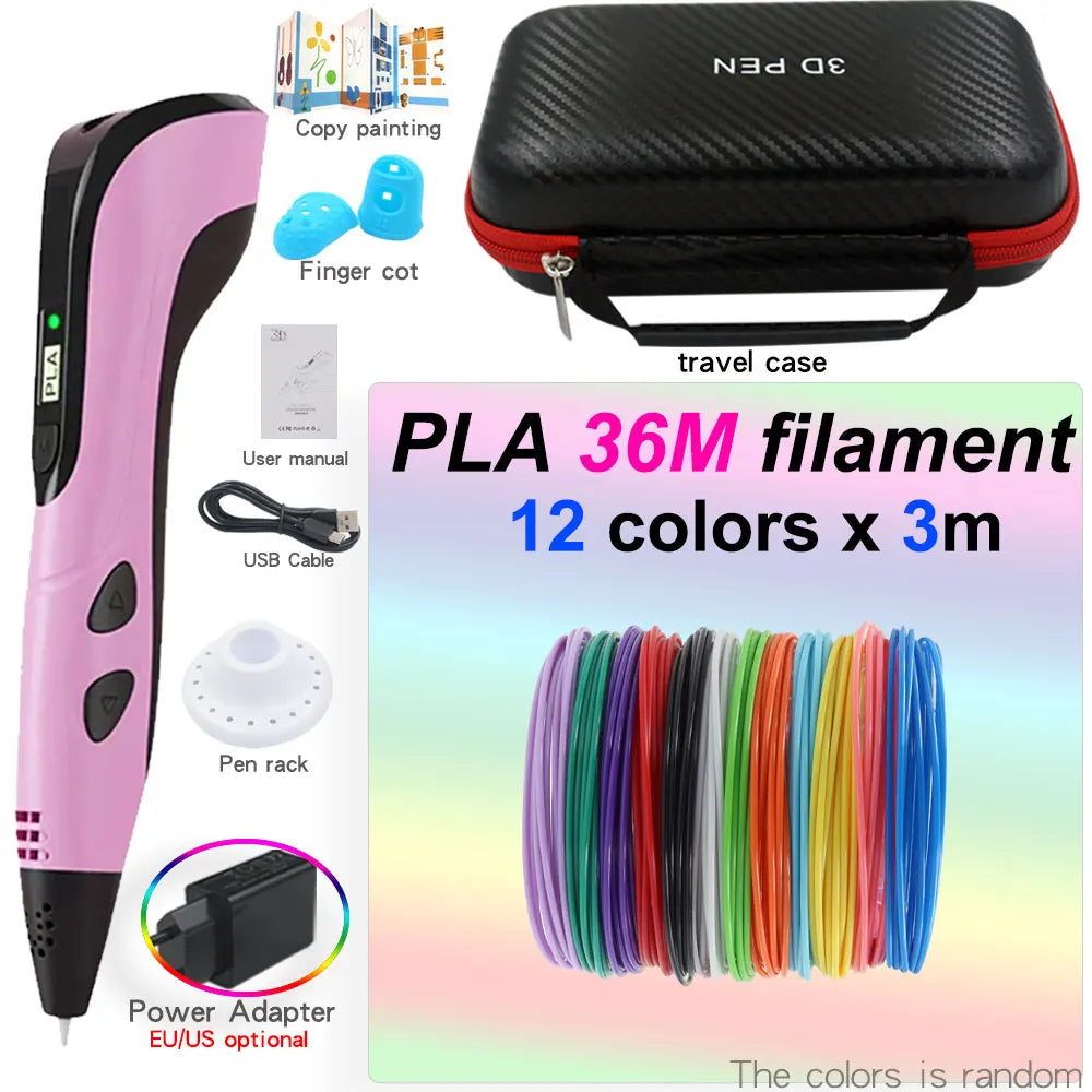 Kids' 3D Printing Pen Set with LED Display - Includes 200M PLA Filament, Power Adapter, and Storage Case - Perfect Gift for Christmas or Birthdays!