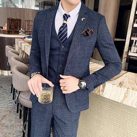 S-7XL (Jacket+Vest+Pants) Fashion Boutique Lattice Formal Business Mens Suit 3pcs Set Groom Wedding Dress Plaid Suit Show Stage