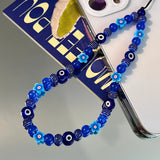 Fashion Blue Flower and Eye of Evil Beaded Mobile Phone Chain Strap Charm Women Phone Jewelry Accessories Telephone Decoration