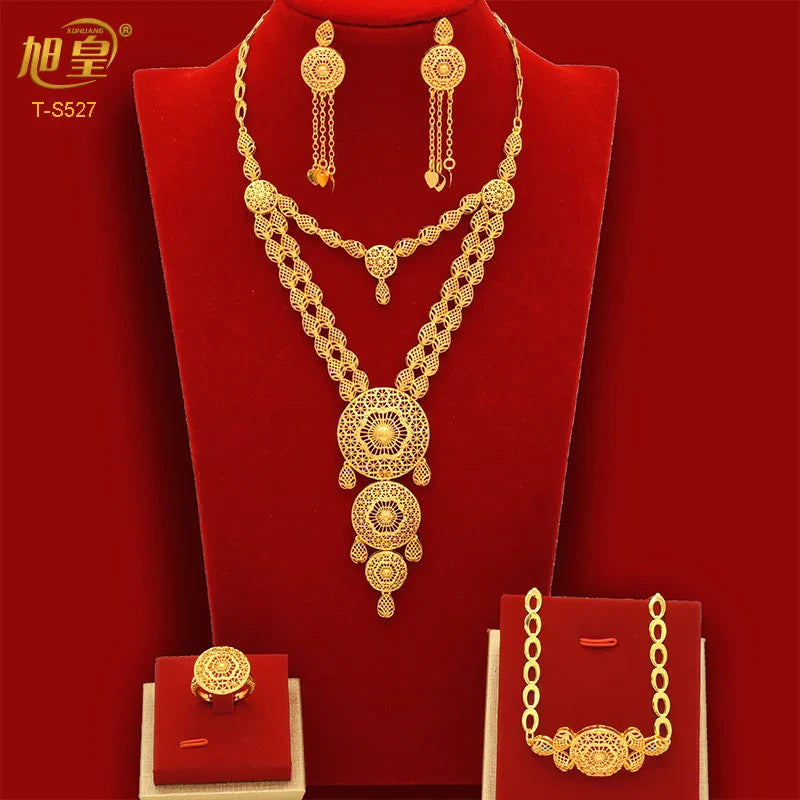 XUHUANG African Big Luxury 4PCS Dubai Gold Color Jewelry Necklace Sets For Women Bridal Wedding Sets 2023 Trend Jewellery Gifts