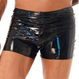 Sexy Mens Wet Look Patent Leather Boxer Briefs Bulge Pouch Shorts Underwear Shiny Metallic Swim Trunks Bikini Bottoms Swimwear