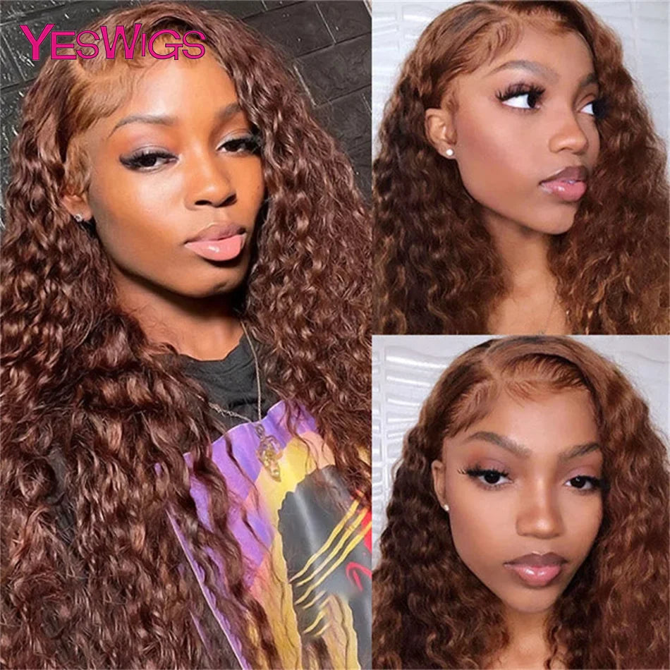 13x4 Deep Curly Chocolate Brown Colored Lace Front Human Hair Wigs For Women Pre Plucked Water Wave Transparent Lace Frontal Wig