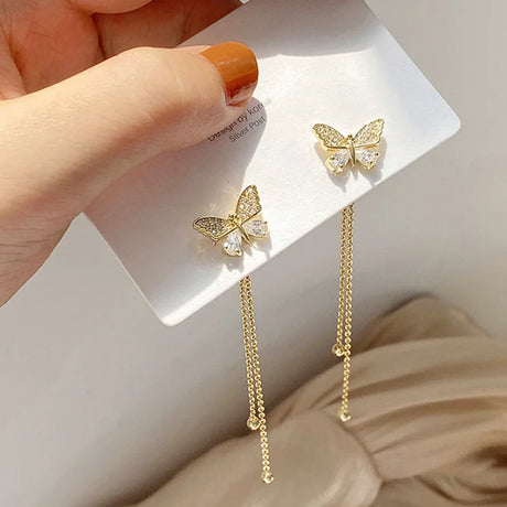 Butterfly Crystal Long Tassel Dangling Earrings For Women Korean Fashion Dainty Gold Plated Drop Earrings Jewelry Accessories