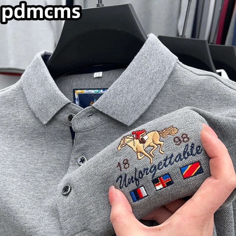 High Quality Luxury Men's Polo Shirt Autumn Lapel Spur Embroidery Long Sleeve 100Cotton Korean Business Leisure Fashion Menswear