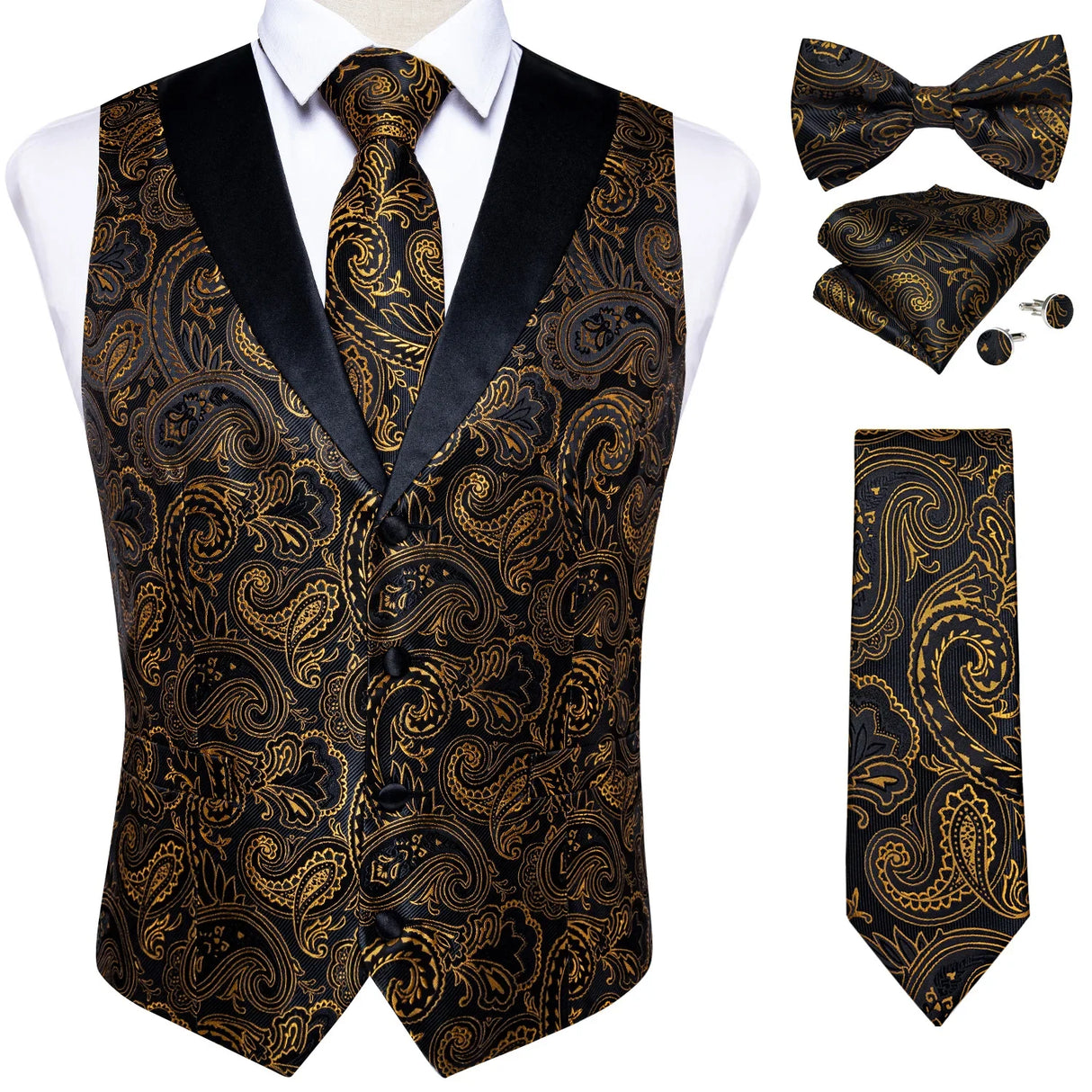 Brand Suit Vest Set For Men Luxury Silk Black Gold Paisley Dress Vest Tie Cufflinks Handkerchief Set Male Sleeveless Waistcoat