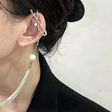 Vintage Chinese Style Artificial Jade Tassel Flower Ear Clip No Piercing Earring 2022 Trendy Punk Metal Ear Cuff Clip Earring