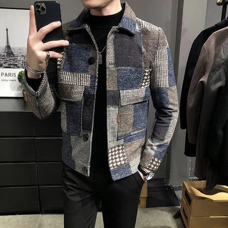 New Hombre Korean Casual Men Stitching Jacket Slim Jacket Fashion Warm Long-sleeved Plaid Gentleman Pockets Coat Jacket S-3XL