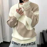 Knitted Sweaters for Men Black Spliced Pullovers Man Clothes No Hoodie Crewneck Round Collar A Over Fit Knit Spring Autumn Warm