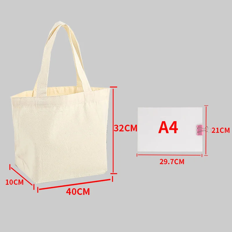 Large Capacity Canvas Shopping Bags DIY Folding Eco-Friendly Cotton Tote Bags Shoulder Bag Reusable Grocery Handbag Beige White