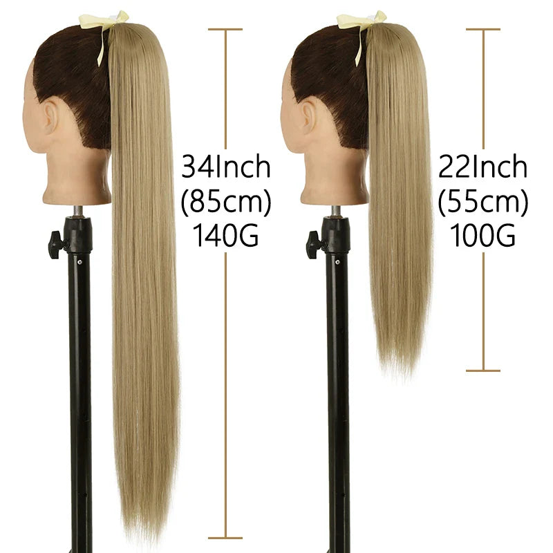 AZQUEEN 55CM Long Straight Bow Tie Ponytail Clip In Hair Extension Natural Brown Blonde Synthetic Pony Tail Hairpieces For Women