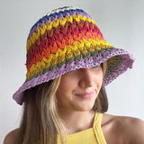 Spring Summer New Rainbow Woven Straw Hat Bucket Hat Sunblock Shade Wide Brim Hat Breathable Fisherman Hats Beach Straw Cap