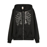 Y2K Rhinestone Skeleton Hoodies Women Gothic Black Zip Up Oversized Sweatshirts Female Retro Harajuku Hooded Jacket Streetwear