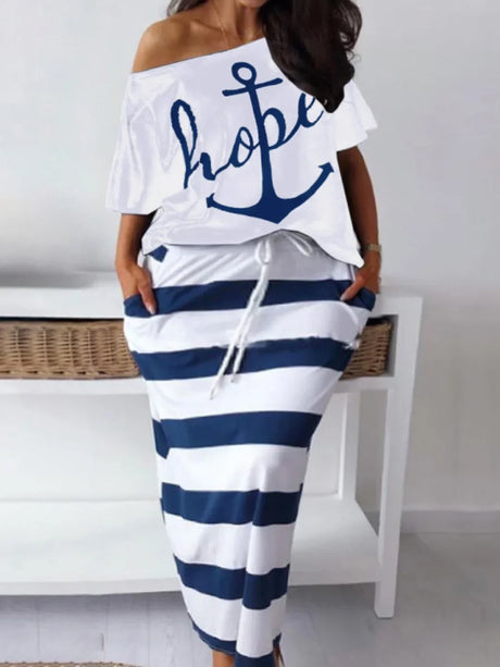 LW Plus Size matching sets Two Piece dress sets Letter Print Striped Skirt Set Fashion Casual Summer Tops+Bottoms Matching Outfi