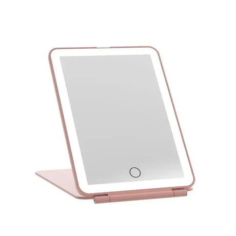 LED Foldable Travel Makeup Mirror 3 Colors Light Modes USB Rechargeable Touch Screen Portable Tabletop Cosmetic Mirror PINK