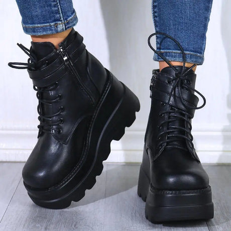 2023 New Spring Autumn Fashion Platform Wedge Boots Ankle Women Punk Style Round Toe Cross Tied Women's Boots Botines De Muj