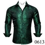 Luxury Silk Shirts for Men Green Paisley Long Sleeved Embroidered Tops Formal Casual Regular Slim Fit Blouses Anti Wrinkle 615