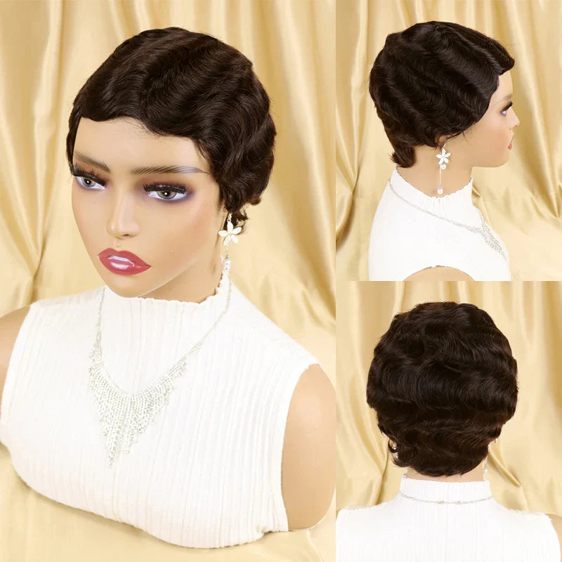 Short Finger Wave Wig Brazilian Human Hair Wig for Black Women Brown Blonde Short Ocean Wave Wig Peruca Burgundy Pixie Cut Wigs