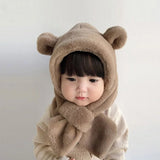 Winter Baby Hat One-Piece Faux Fur Kids Hat Hooded Scarf Bear Ears Warm Neck Ear Cap for Girls Boys Windproof Beanies Infant Cap