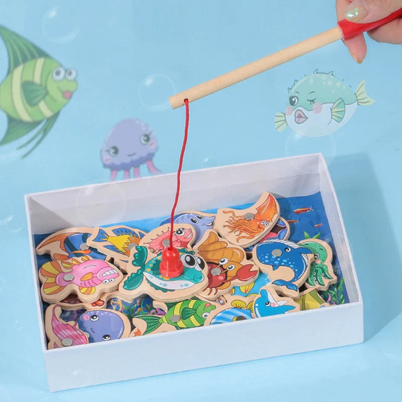 Wooden Magnetic Fshing Toy Marine Life Cognition Fish Rod Toys Children Early Educational Parent-child Interactive Board Game